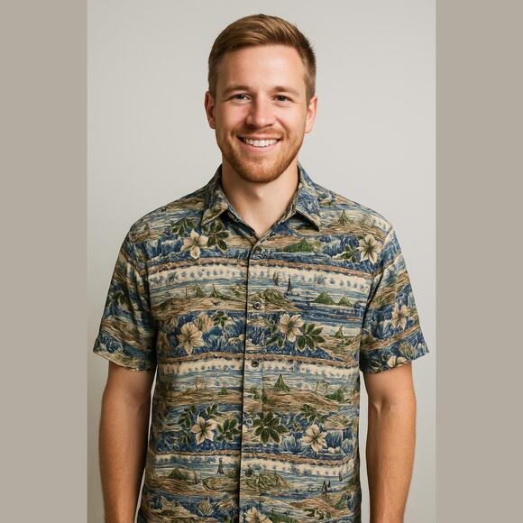 Vintage Pierre Cardin Blue Gray Hawaiian Button Down Short Sleeve Shirt M - Picture 1 of 9